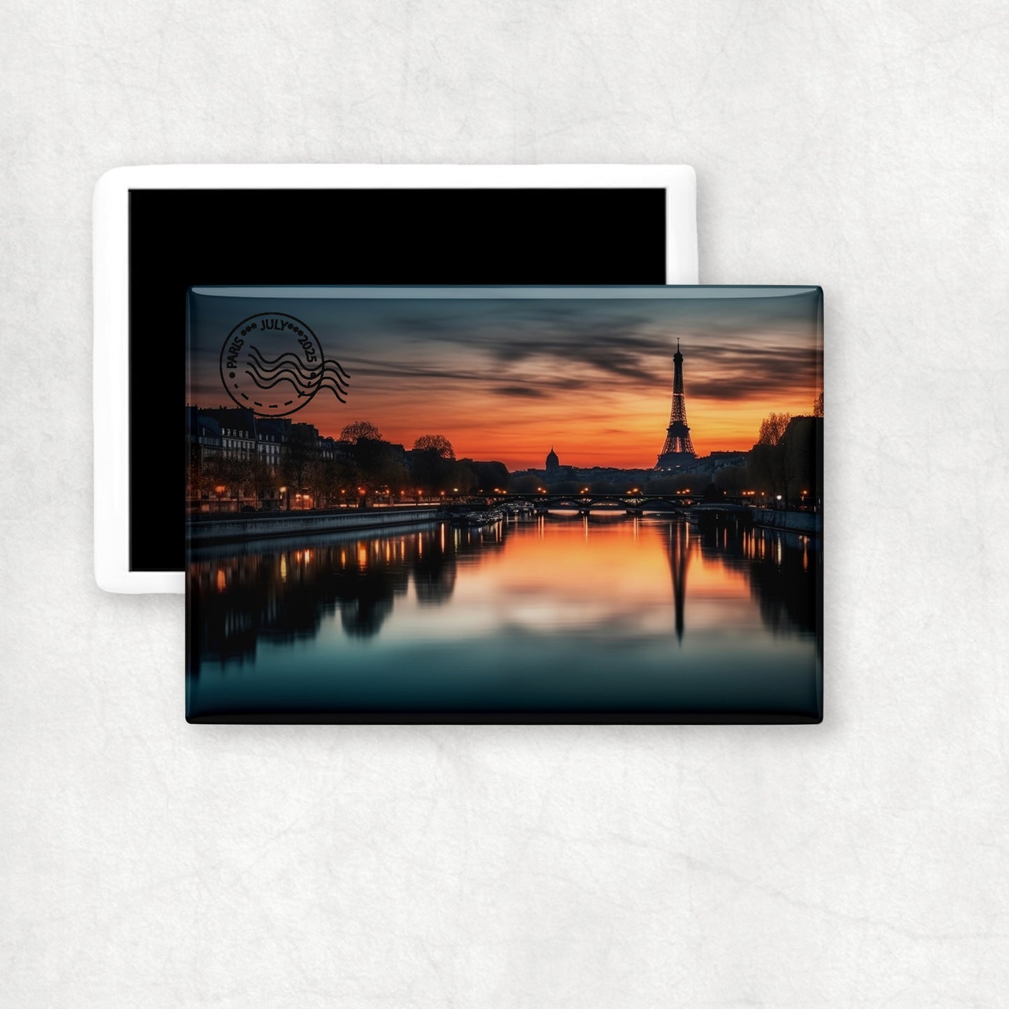 Personalised photo horizontal ceramic magnet with a custom black stamp (with location and date), a perfect gift for any occasion.