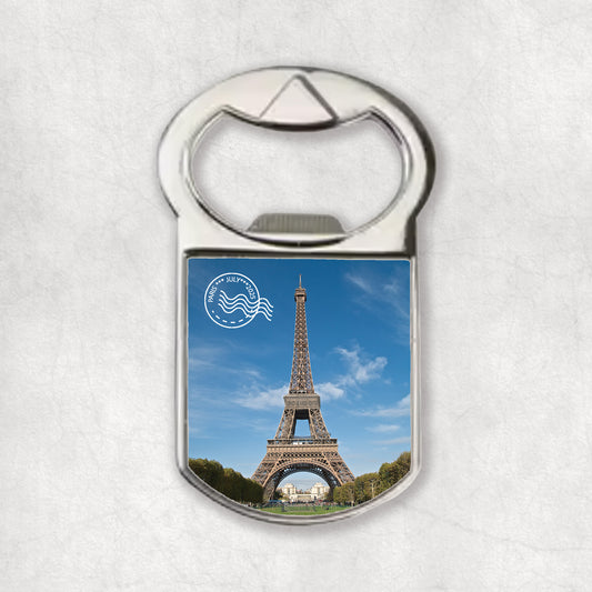 Personalised photo bottle opener magnet with a custom white stamp (whit date and location), the perfect gift for any occasion.