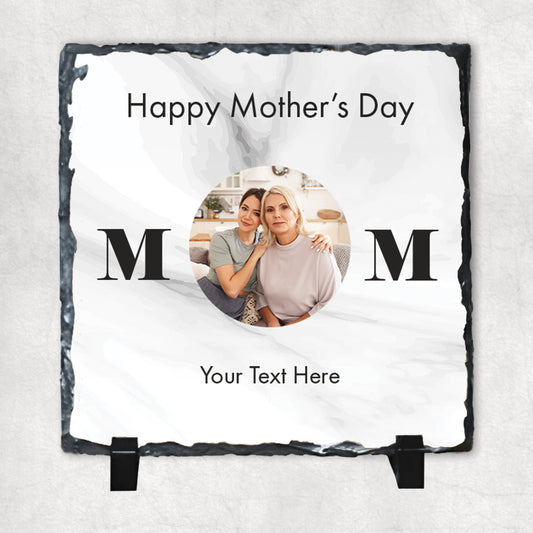 A personalized photo rock slate with a personalised text, glossy finish, displaying a photo and text, with a stand included.