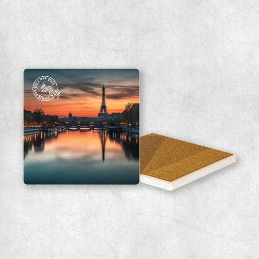 Ceramic Coaster with personalised photo and personalised white stamp with date and place name. 