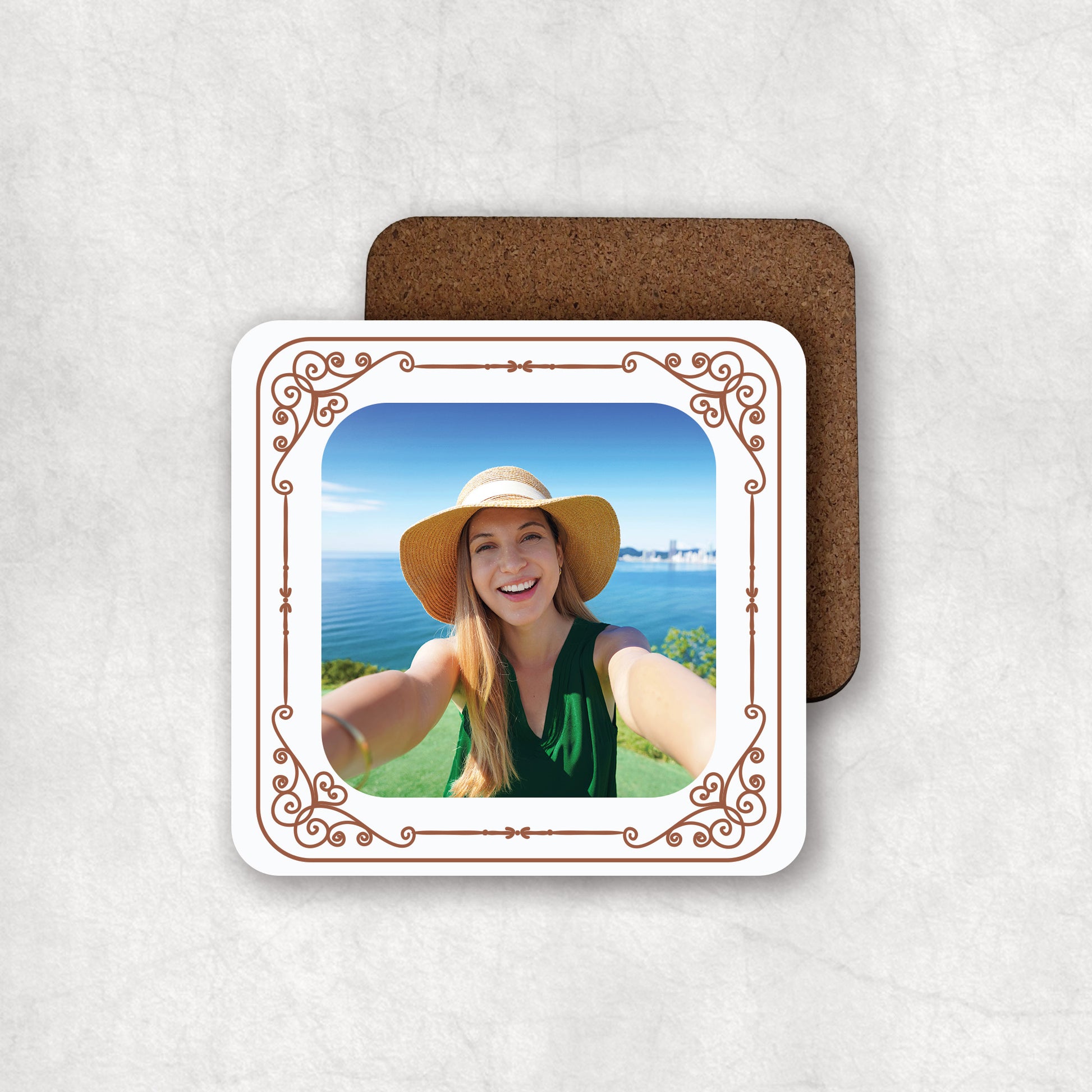 Personalised photo MDF coaster with an elegant frame, perfect gift for any occasion.