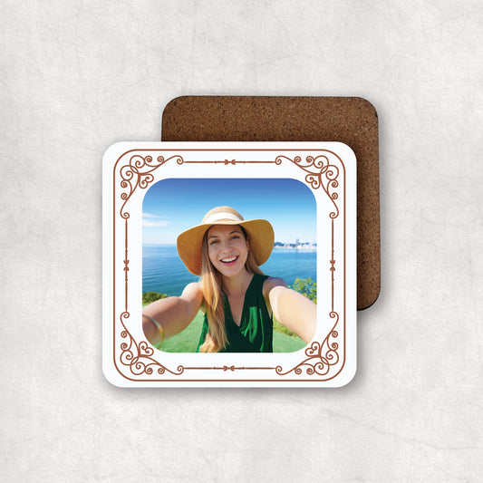 Personalised photo MDF coaster with an elegant frame, perfect gift for any occasion.