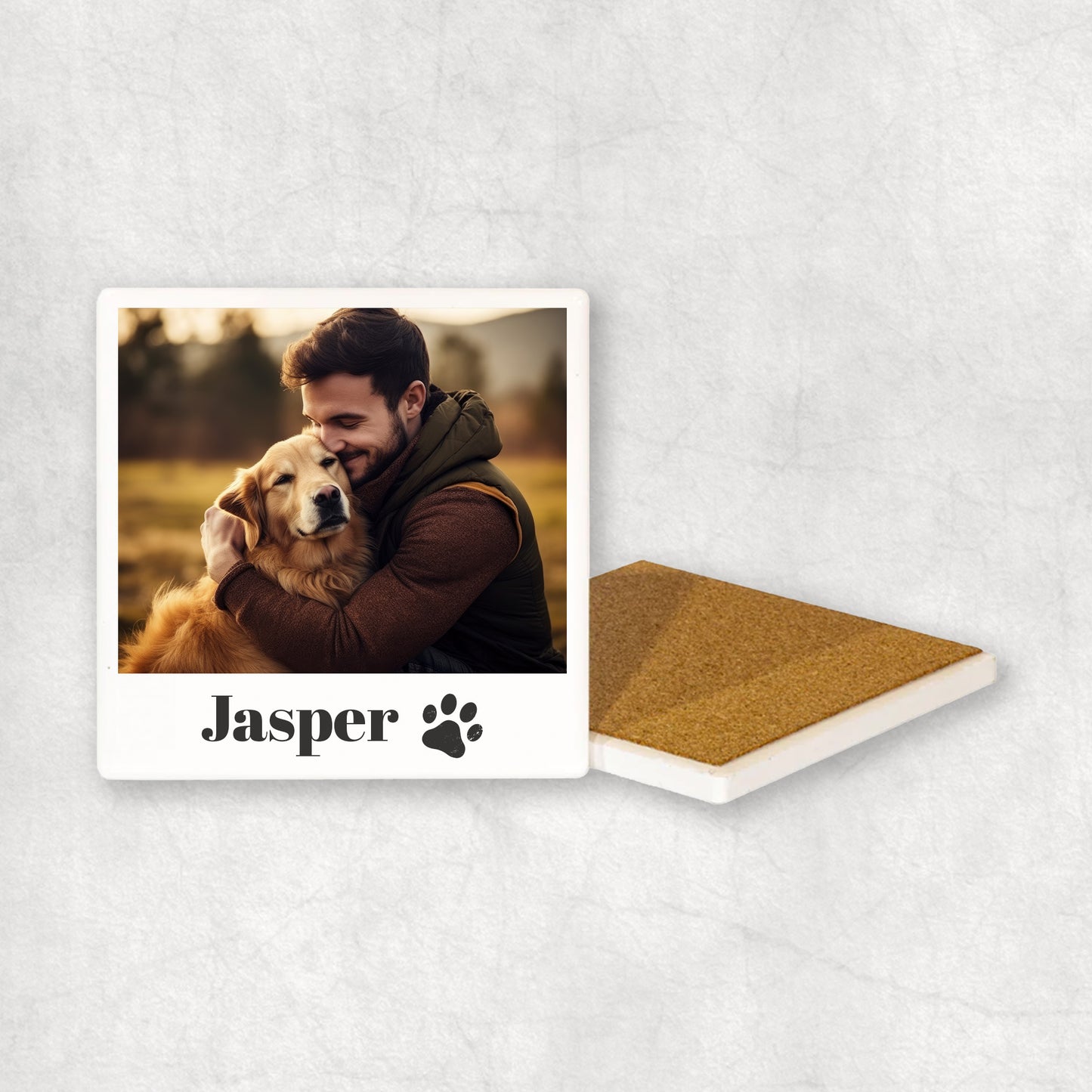 Ceramic coaster with personalised photo and your pet's name, the perfect gift for any occasion.