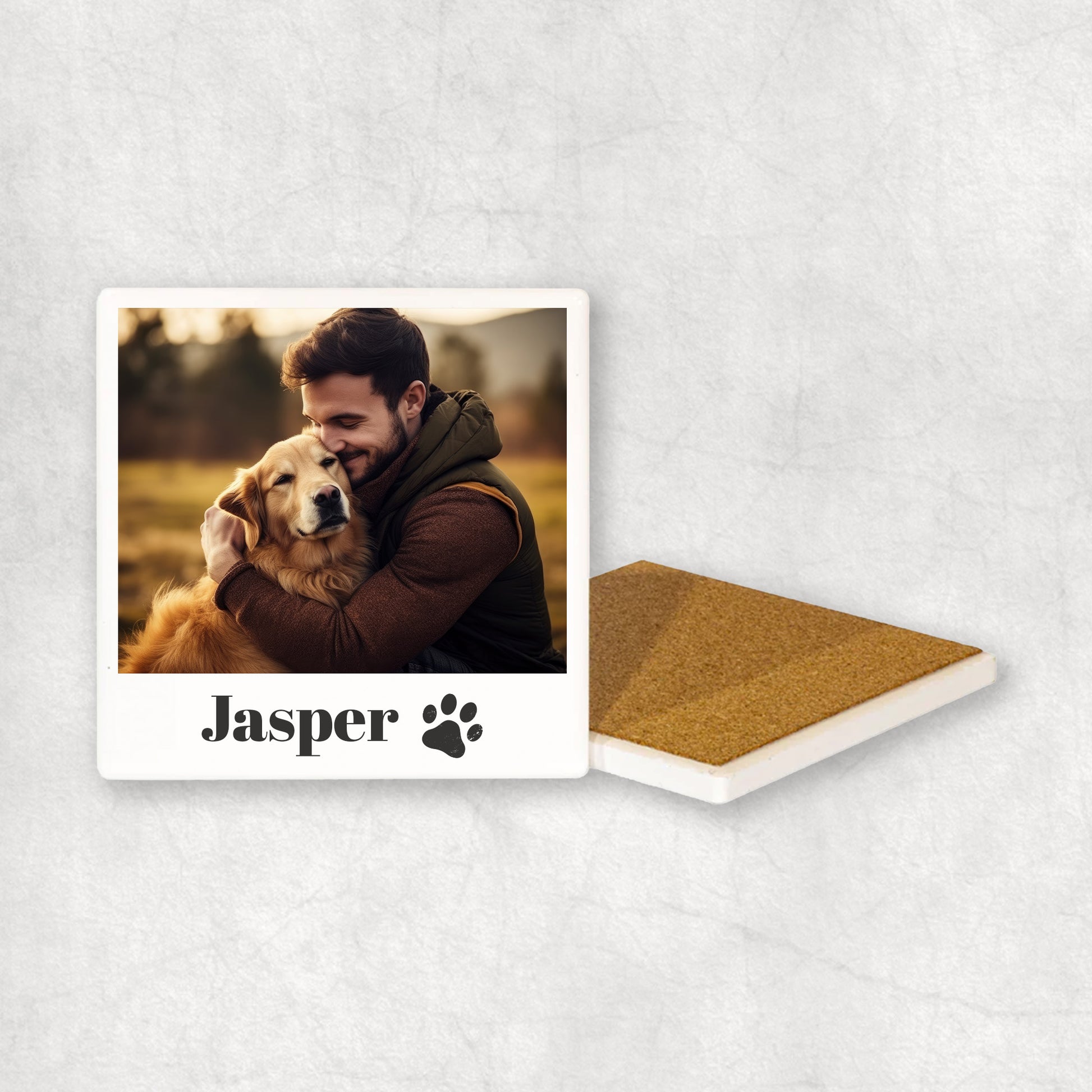 Ceramic coaster with personalised photo and your pet's name, the perfect gift for any occasion.