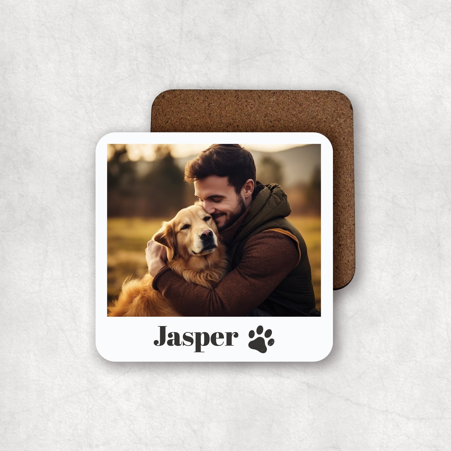 Personalised photo MDF coaster with a pet's name, perfect gift for any occasion.