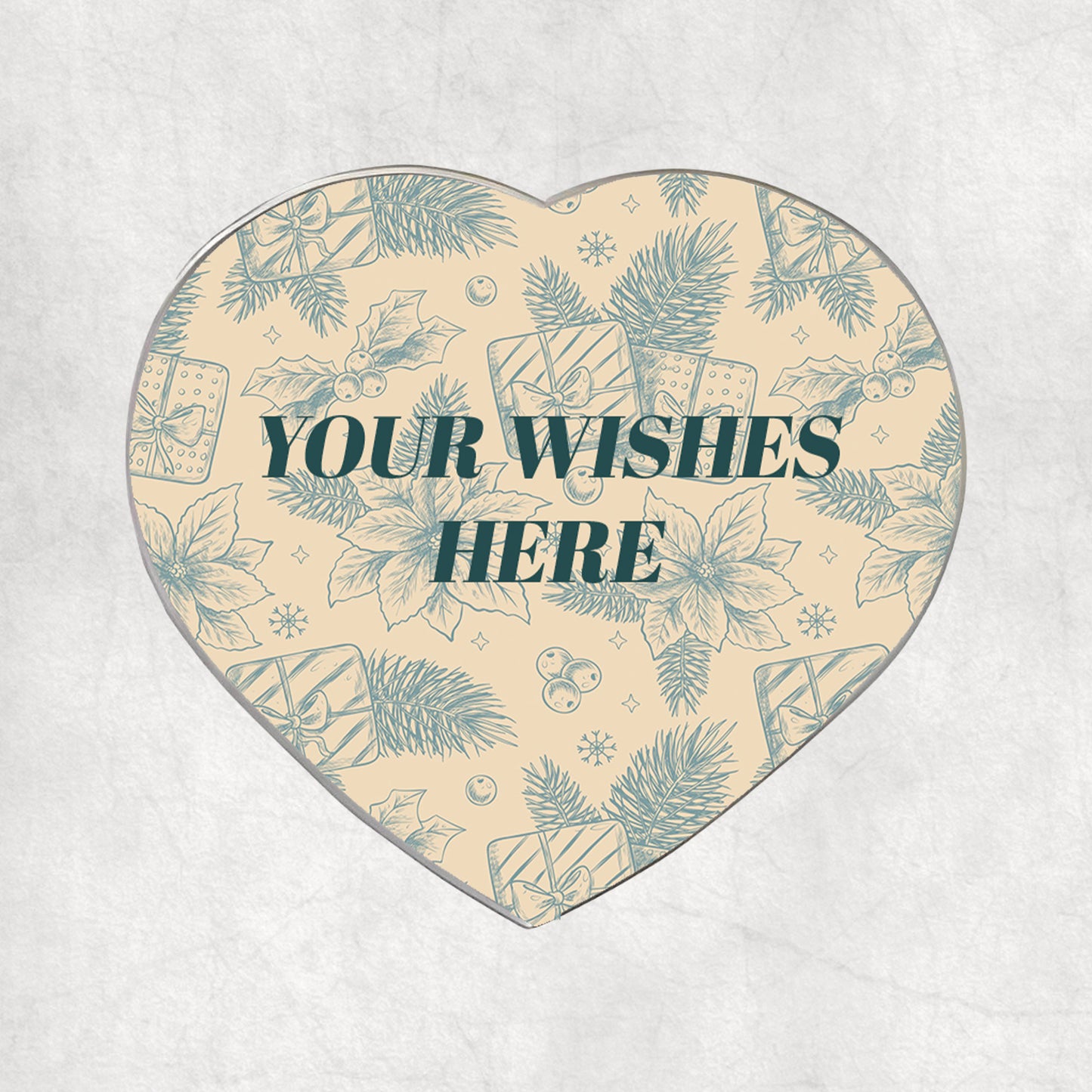 Personalised heart-shaped metal magnet with a custom wishes printed on festive background.