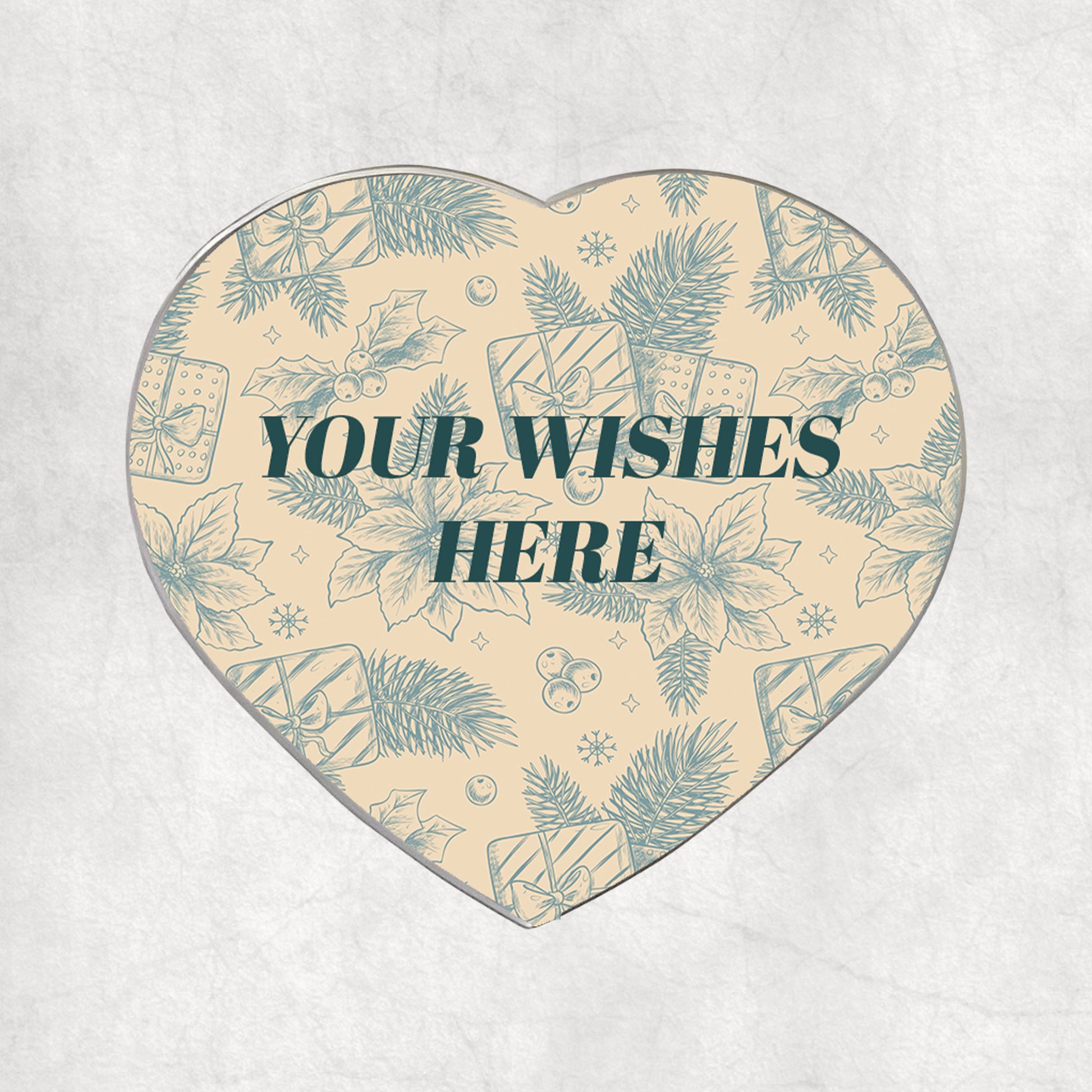 Personalised heart-shaped metal magnet with a custom wishes printed on festive background.