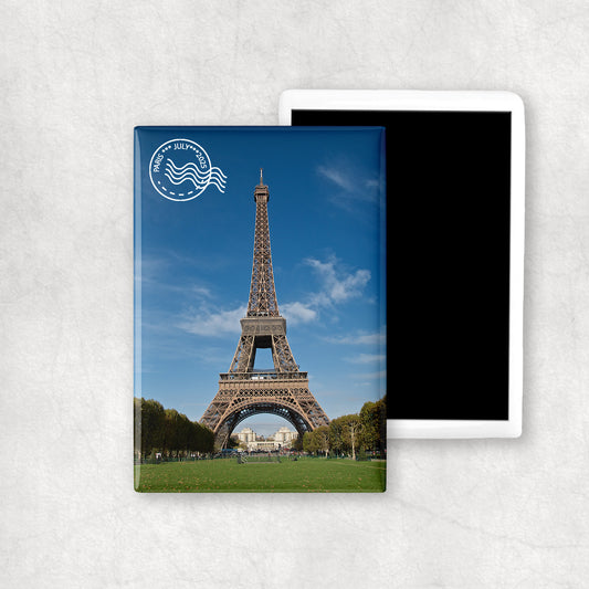 Personalised vertical photo ceramic magnet with a custom white stamp (with date and location), a perfect gift for any occasion.