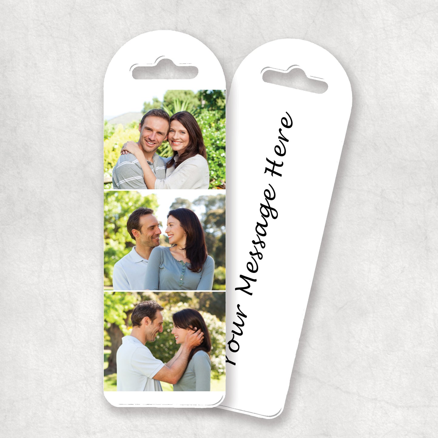 A personalized collage bookmark with three photos and custom text on the back, printed on a white background.
