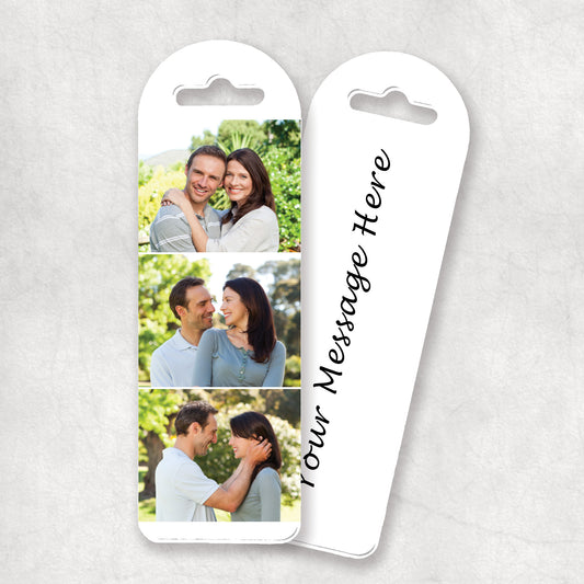 A personalized collage bookmark with three photos and custom text on the back, printed on a white background.