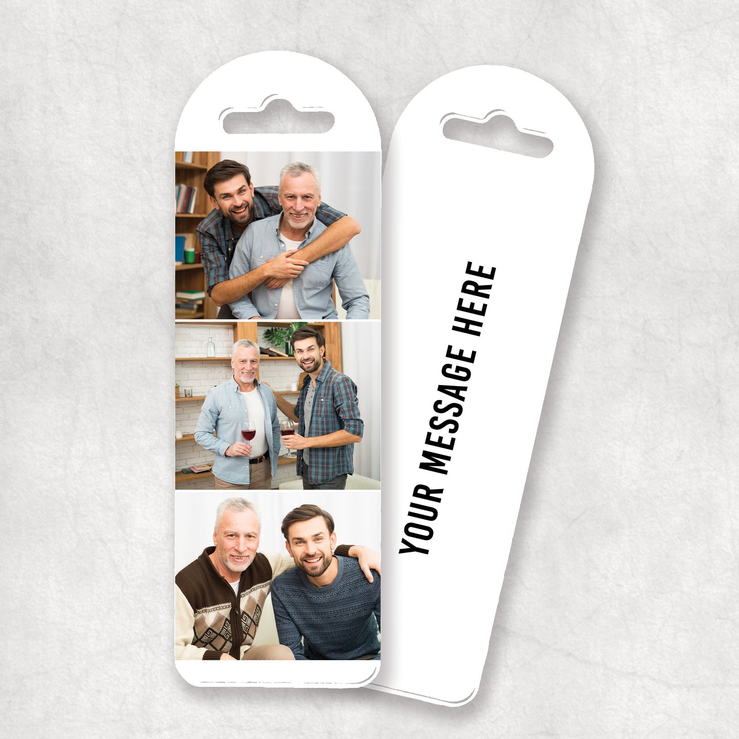 A personalized photo collage bookmark with three photo slots and a space for a message, displayed on a white background.