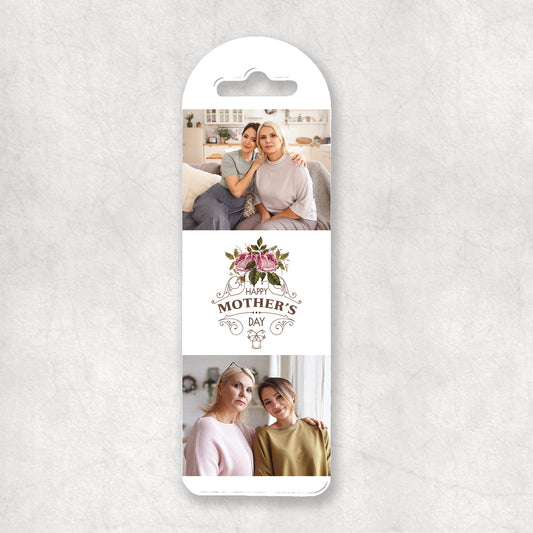A personalised photo collage bookmark with a 'Happy Mother's Day' greeting, and a pink rose motif.