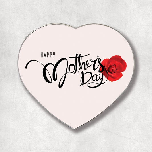 A heart-shaped metal magnet with a red rose and the text 'Happy Mother's Day' on it.