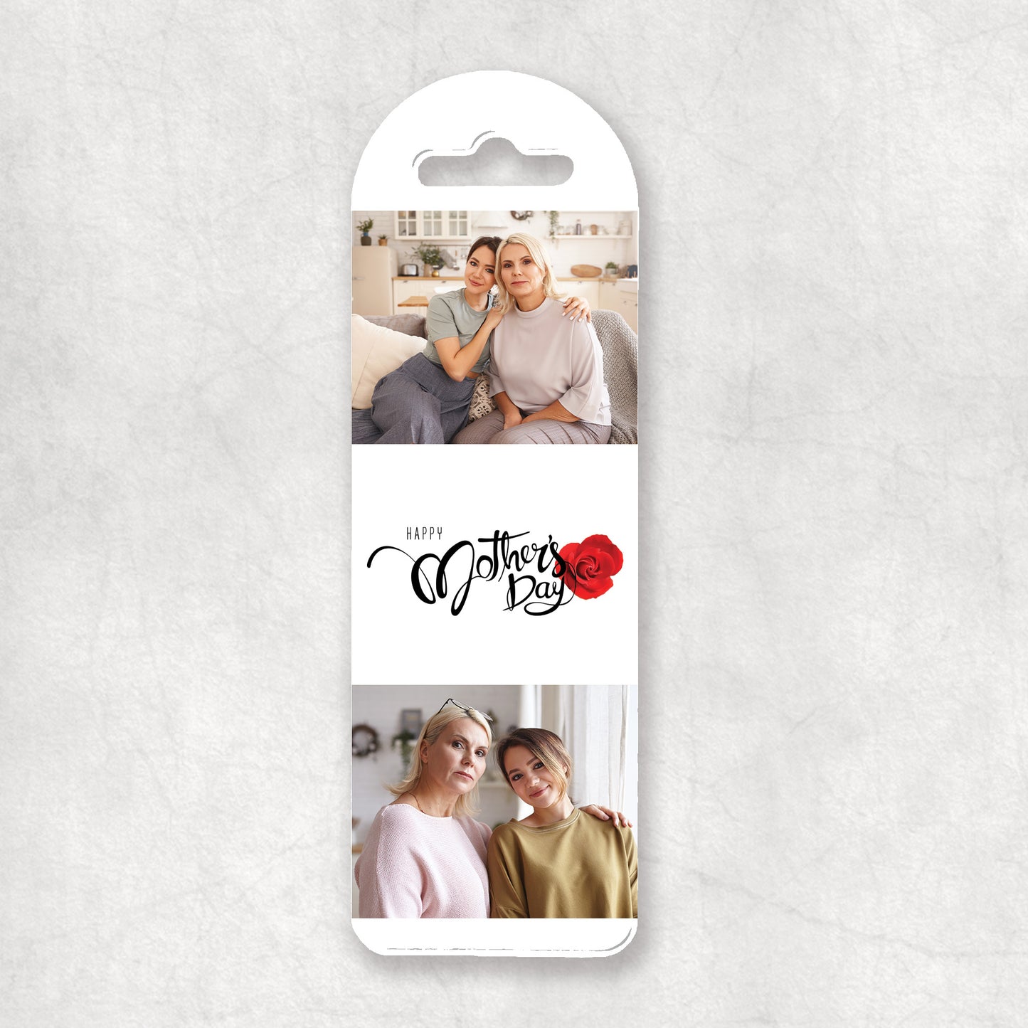 A personalised photo collage bookmark with a red rose design.