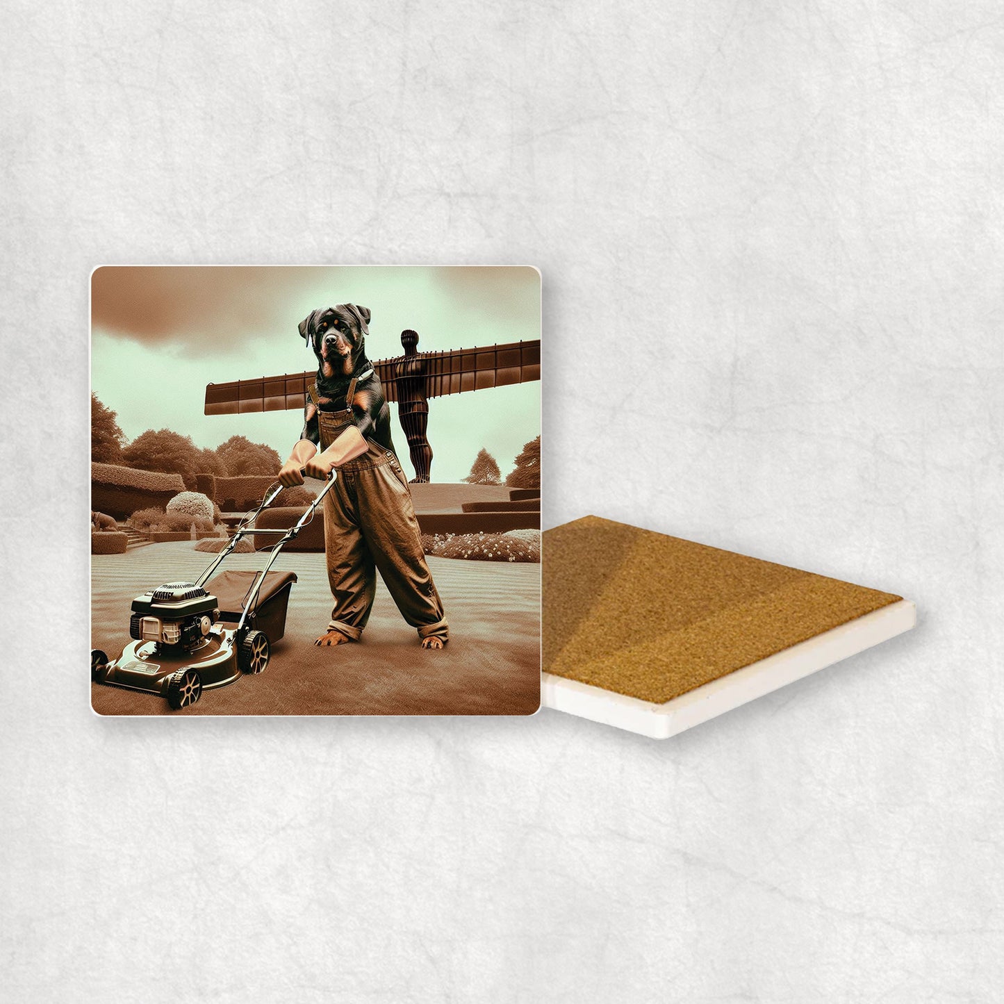 Ceramic coaster with a Rottweiler dog design, dressed as a gardener, mowing the grass with a lawnmower, with the Angel of the North in the background.