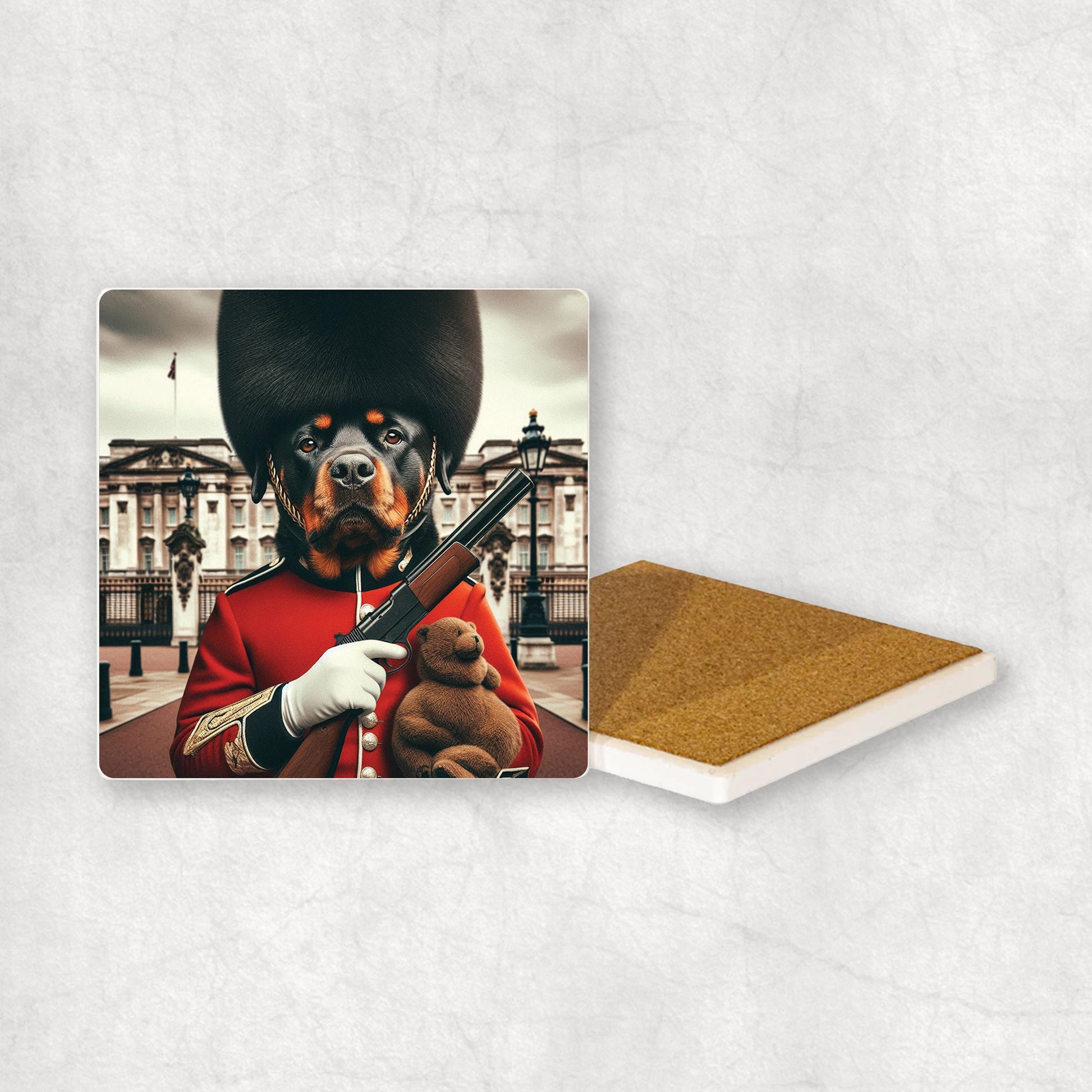 Ceramic Coaster gift with a Rottweiler dog design, wearing British guard costume, holding a gun and a teddy bear in its paws, with Buckingham Palace in the background. 
