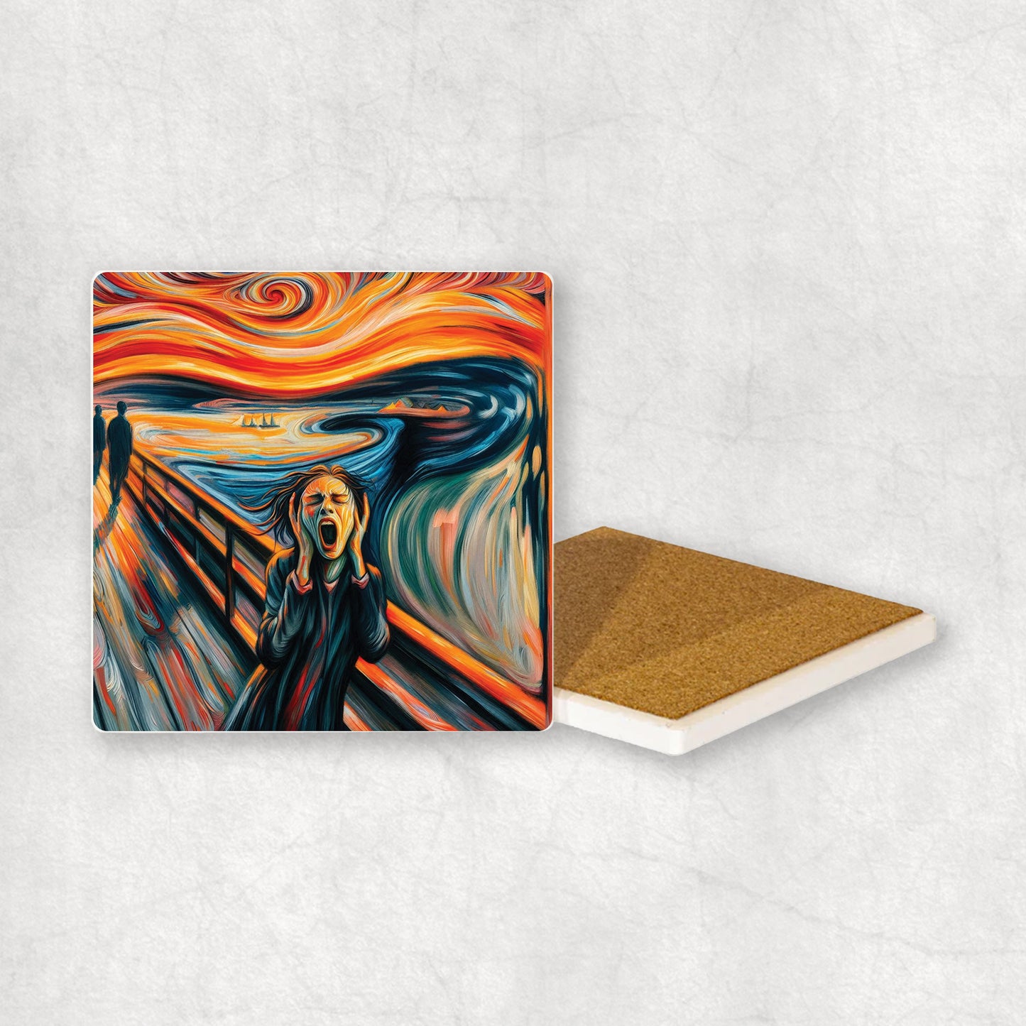 Art-themed ceramic coaster with a colorful Scream style design, an original gift for any occasion.