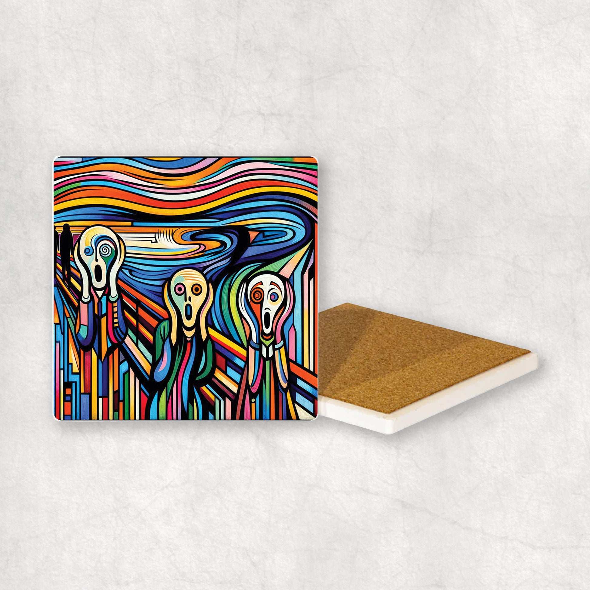 Art-themed ceramic coaster with a colorful Scream style design, an original gift for any occasion.