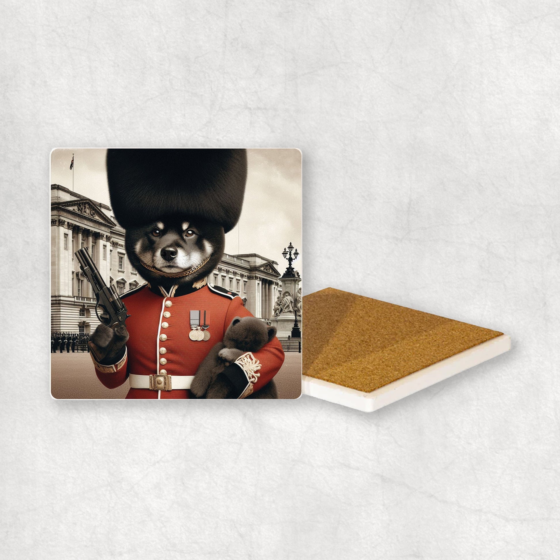 Ceramic Coaster gift with a Shiba Inu dog design, wearing British guard costume, holding a gun and a teddy bear in its paws, with Buckingham Palace in the background. 
