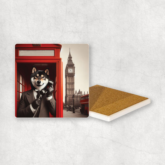 Ceramic coaster gift with a Shiba Inu dog design, wearing a suit, talks on the phone in a red telephone booth in London with Big Ben in the background. 