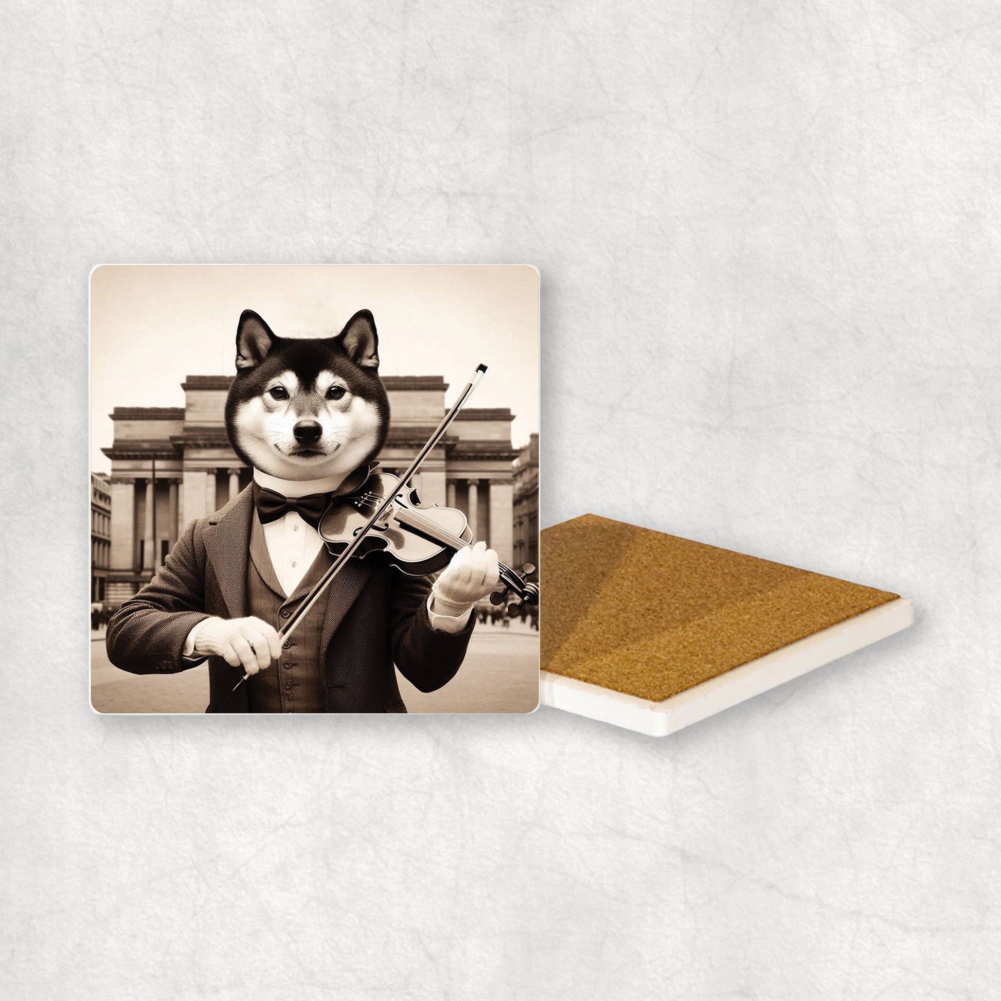 Ceramic coaster gift with a Shiba Inu dog design, wearing a suit, playing the violin, with a beautiful theatre in the background.