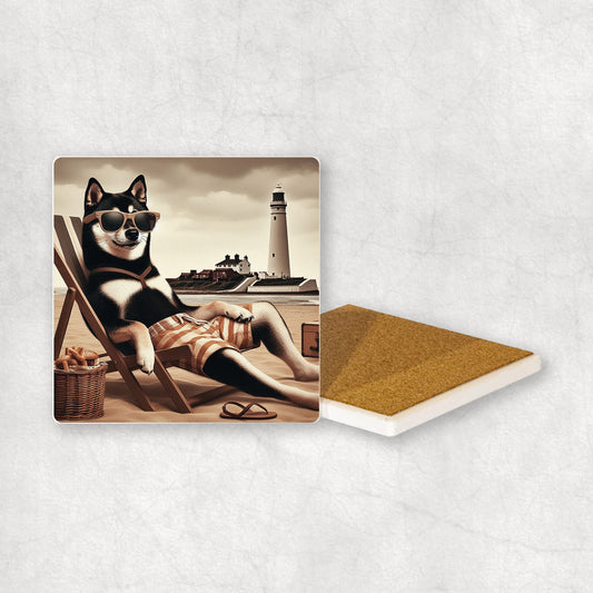 Ceramic Coaster gift with a Shiba Inu dog design, wearing shorts, relaxes on a beach lounger at Whitley Bay with a lighthouse in the background.