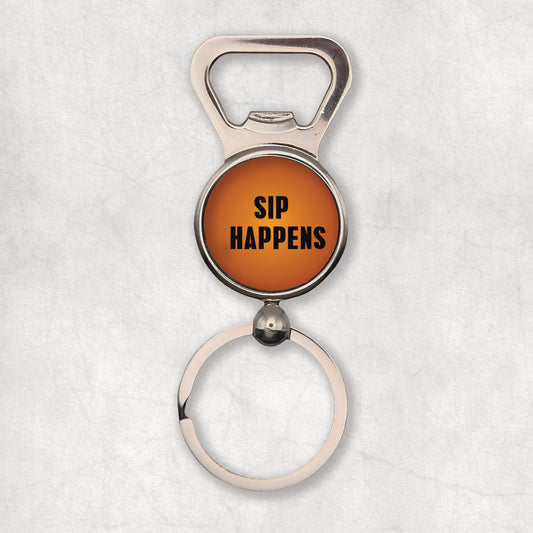 Bottle opener kayring with 'Sip Happens' text, the perfect gift for any occasion.