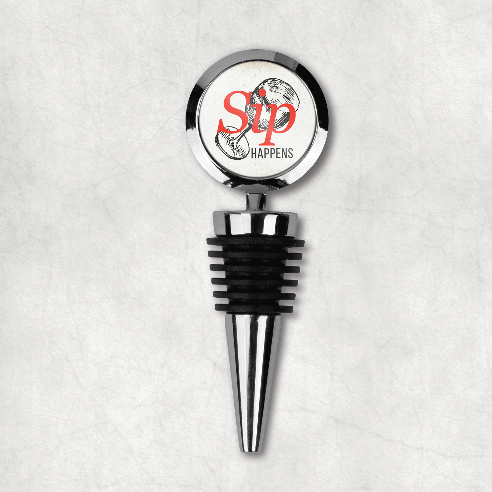 Elegant wine bottle stopper with 'Sip happens' inspirational phrase on a white background, the perfect gift for wine lovers.