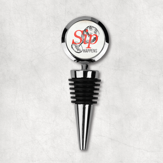 Elegant wine bottle stopper with 'Sip happens' inspirational phrase on a white background, the perfect gift for wine lovers.