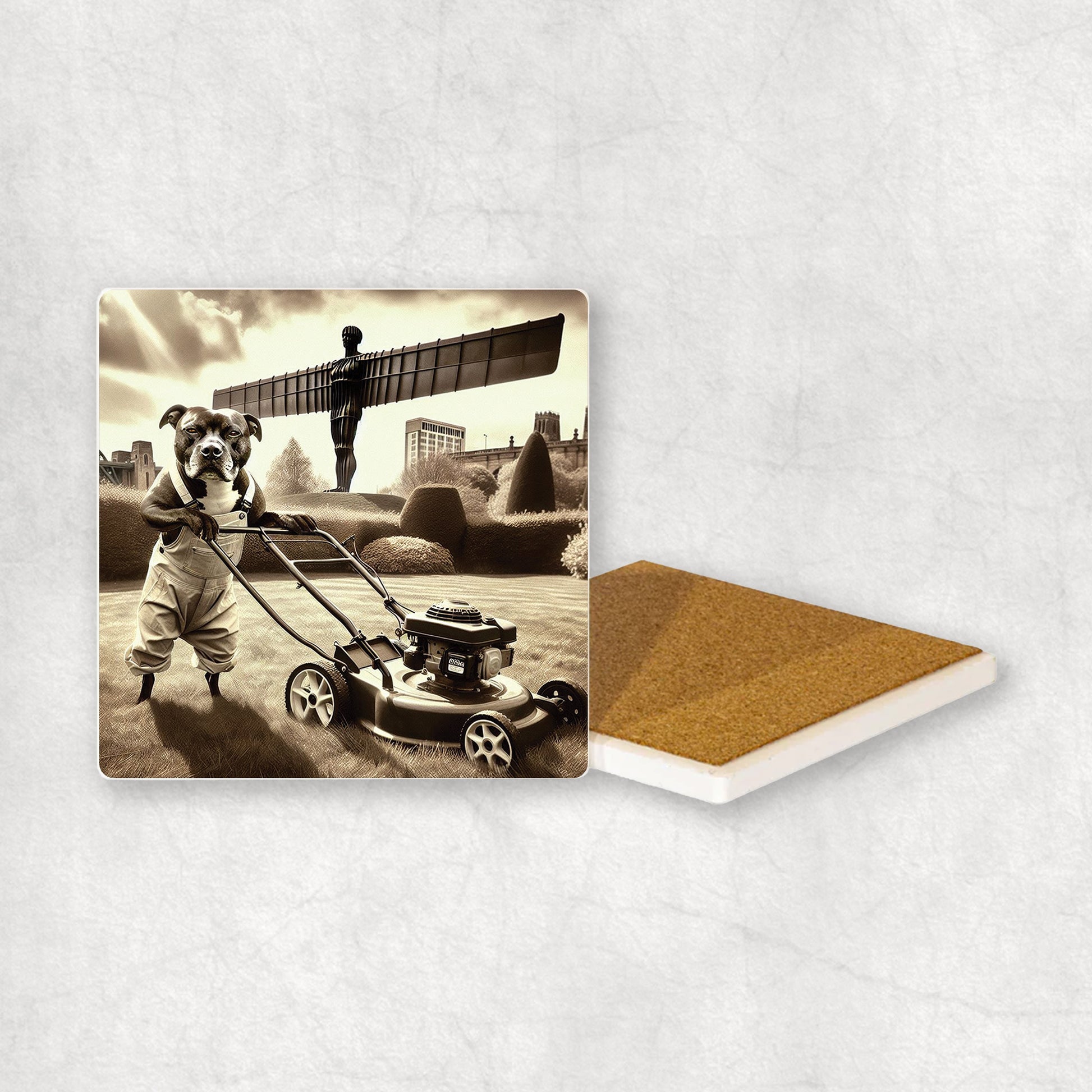 Ceramic coaster with a Staffordshire Bull Terrier dog design, dressed as a gardener, mowing the grass with a lawnmower, with the Angel of the North in the background.