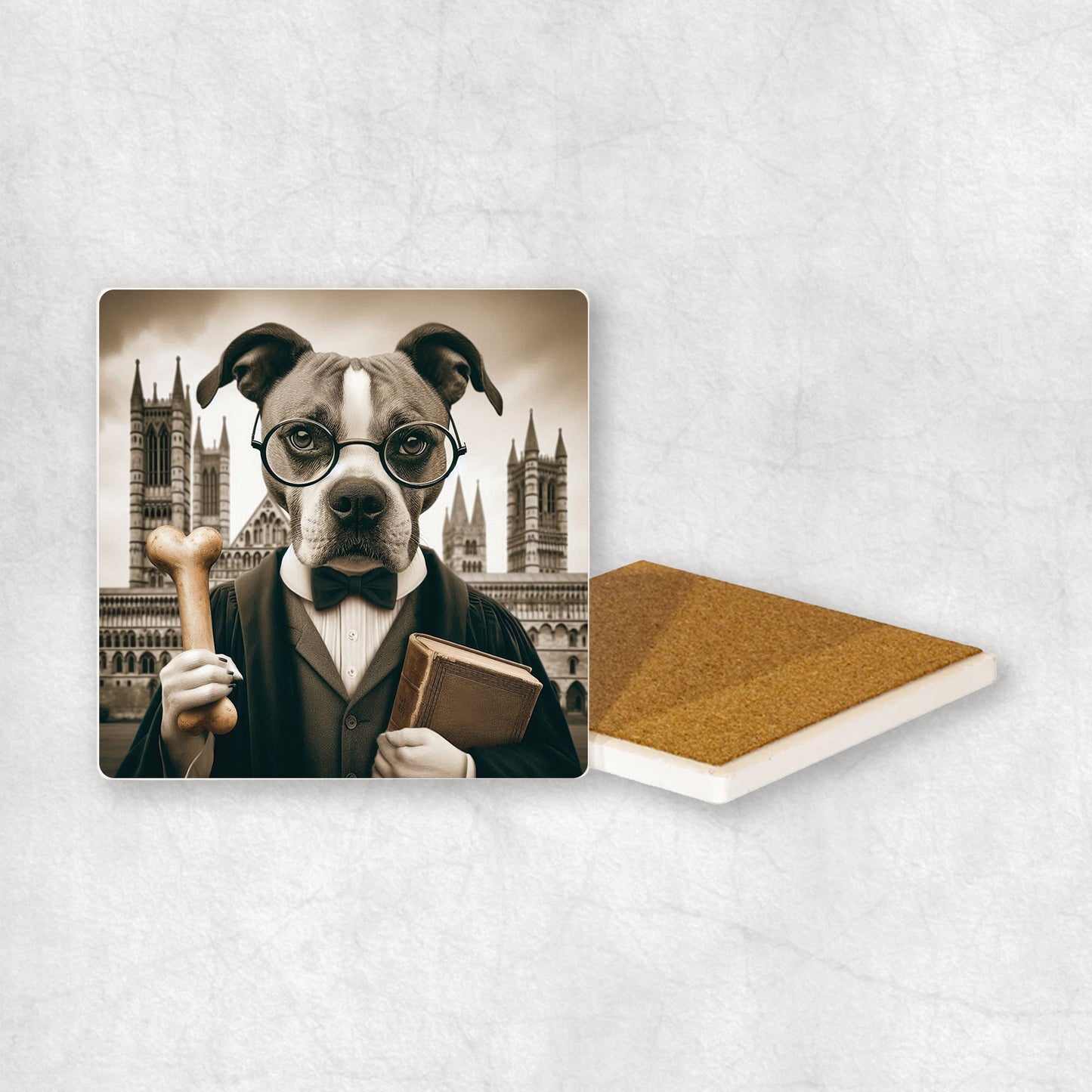 Ceramic Coaster gift with a Staffordshire Bull Terrier dog design wearing a student's gown, glasses, holding a bone and a book in its paws, with the university in the background.