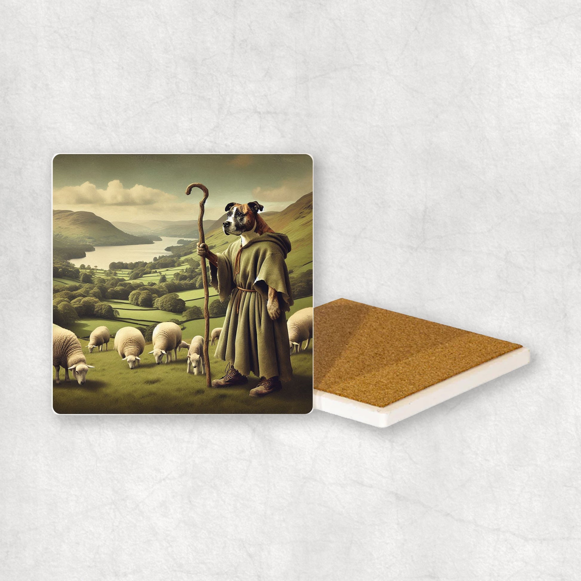 Ceramic Coaster gift with a Staffordshire Bull Terrier dog design, looking like a shepherd, with sheep and the Lake District in the background.