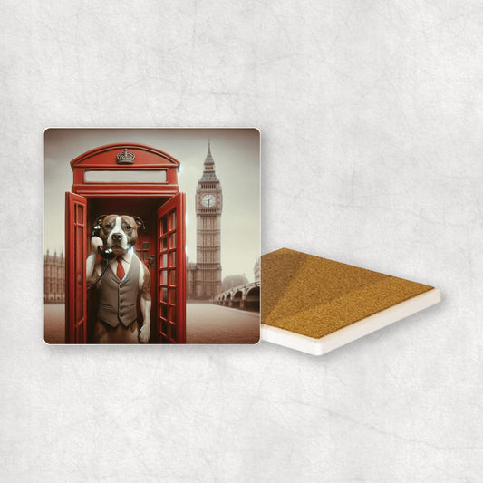 Ceramic coaster gift with a Staffordshire Bull Terrier dog design, wearing a suit, talks on the phone in a red telephone booth in London with Big Ben in the background. 