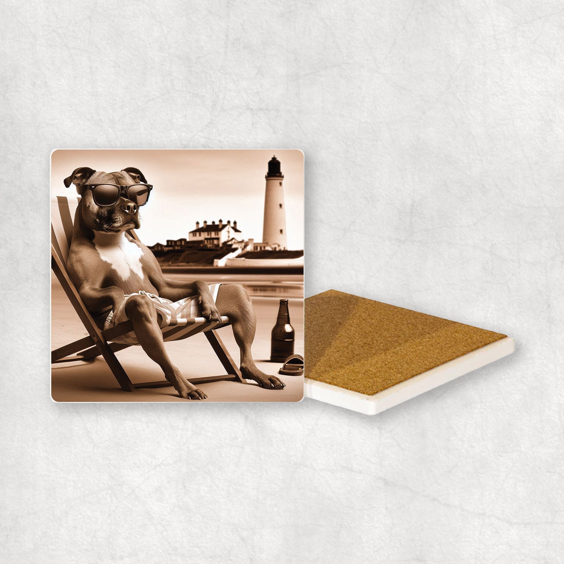 Ceramic Coaster gift with a Staffordshire Bull Terrier dog design, wearing shorts, relaxes on a beach lounger at Whitley Bay with a lighthouse in the background.