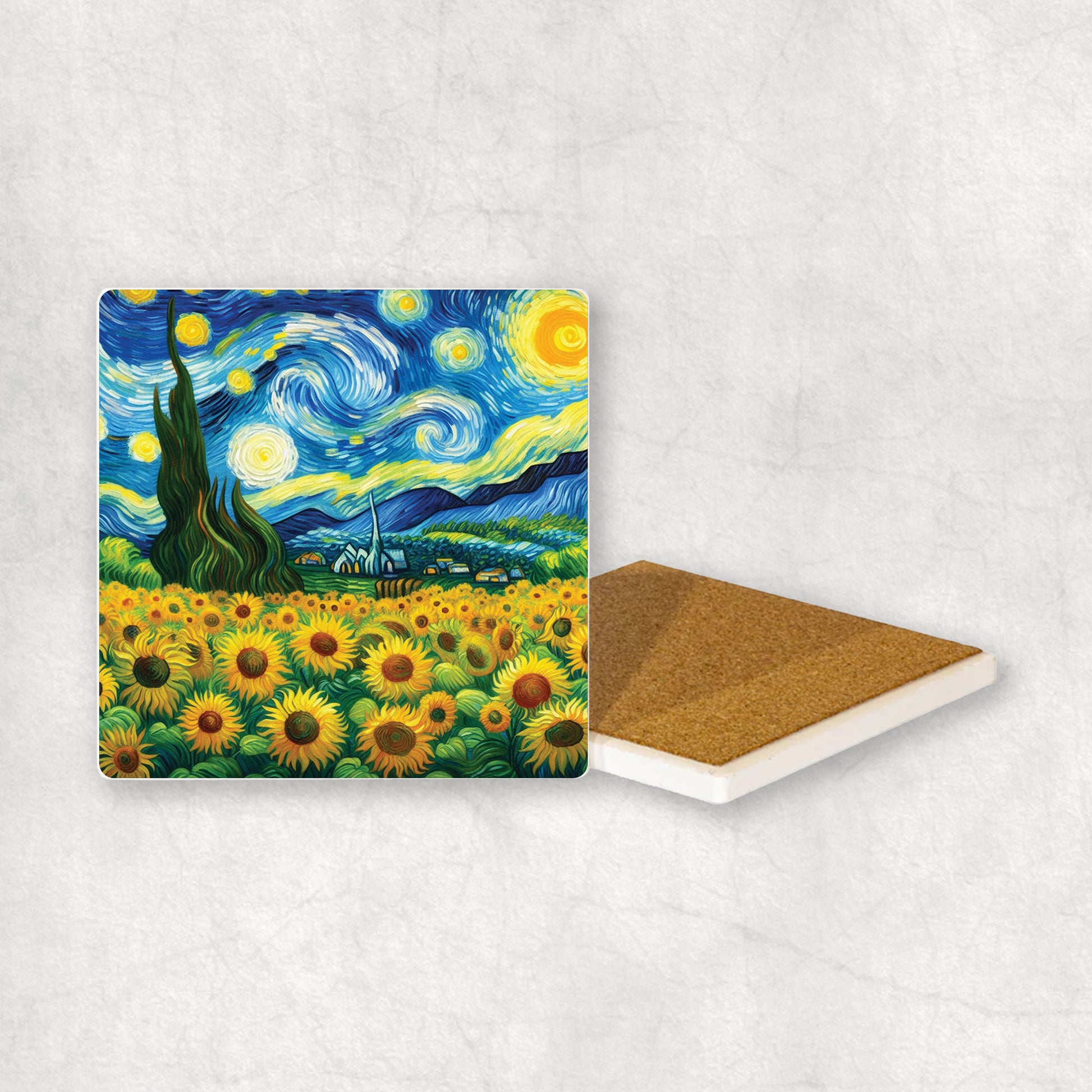 Art-themed ceramic coaster with a colorful Starry Night style design, an original gift for any occasion.