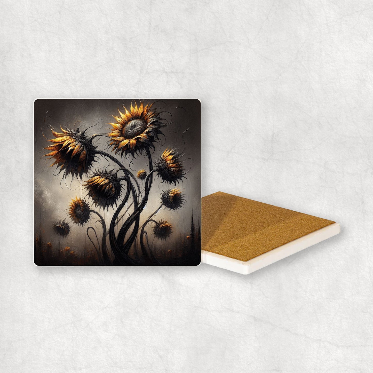 Art-themed ceramic coaster with a dark Sunflowers style design, an original gift for any occasion