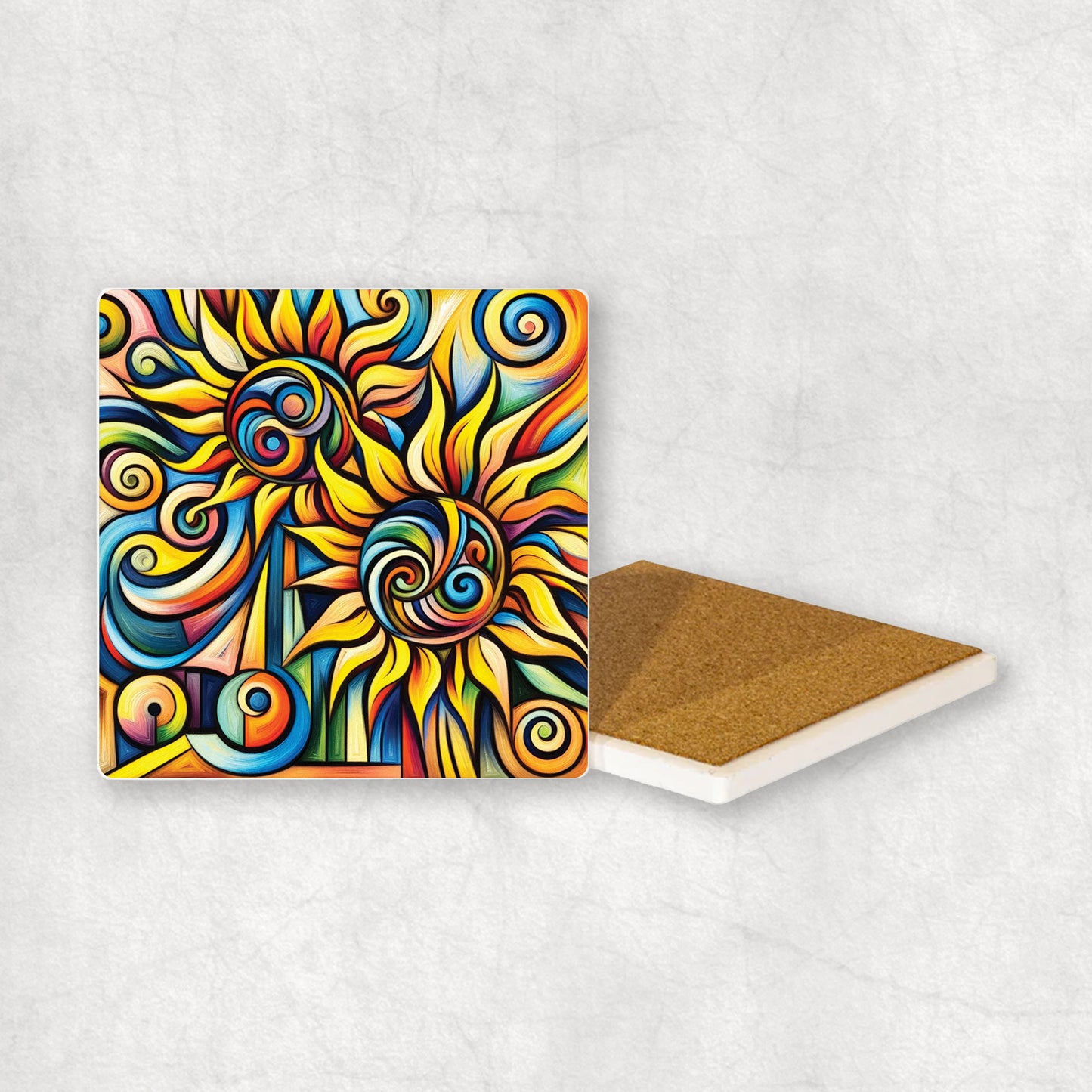 Art-themed ceramic coaster with a colorful Sunflowers style design, an original gift for any occasion.