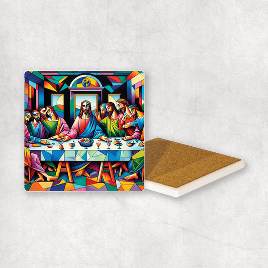Art-themed ceramic coaster with a colorful Last Supper style design, an original gift for any occasion.