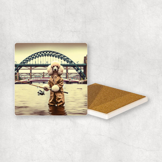 Ceramic Coaster gift with a White Poodle dog design, dressed in an Angler costume, fishing in the Tyne river, with Newcastle bridges in the background.