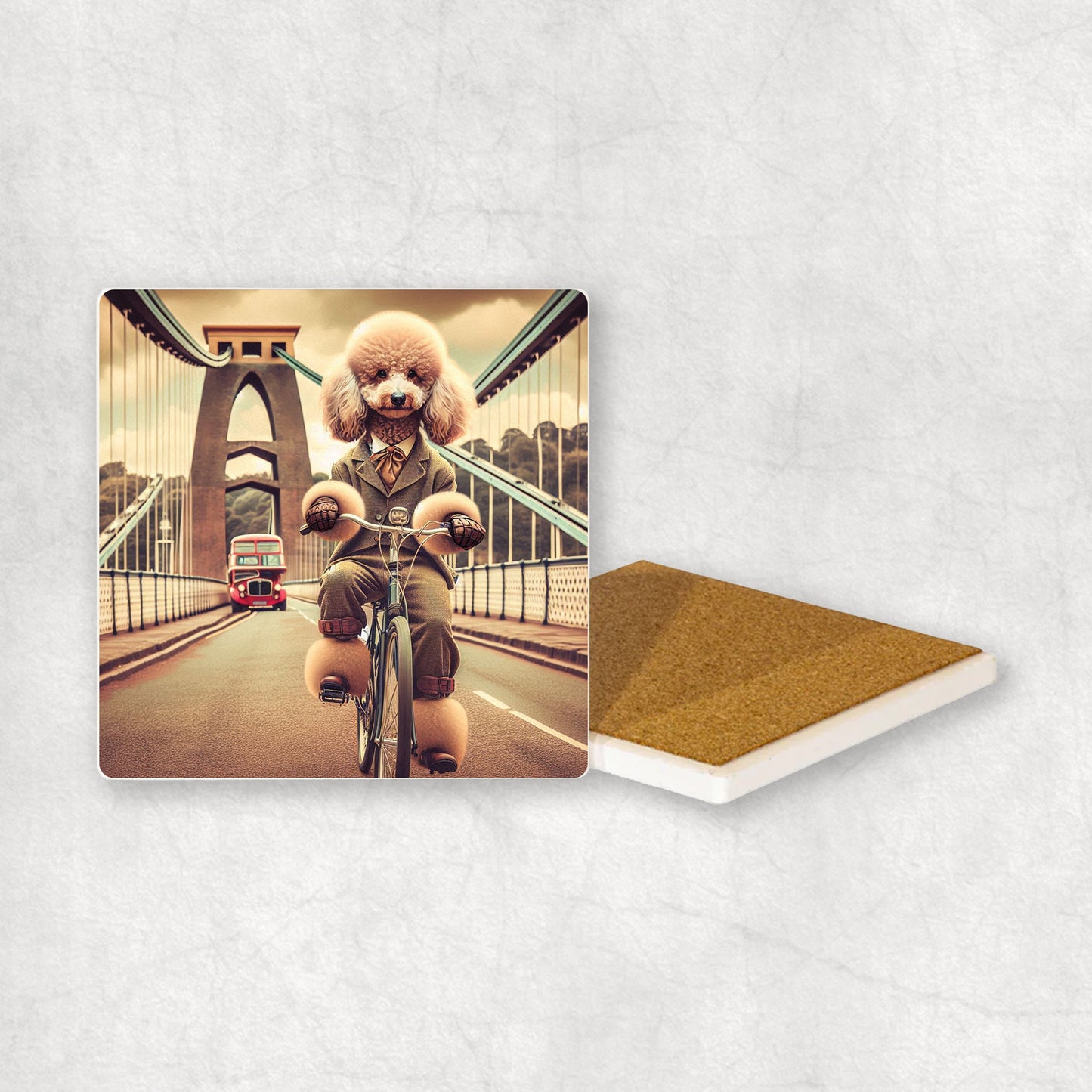 Ceramic coaster with a White Poodle dog design, dressed in a suit, riding a bike on the Clifton Suspension Bridge.