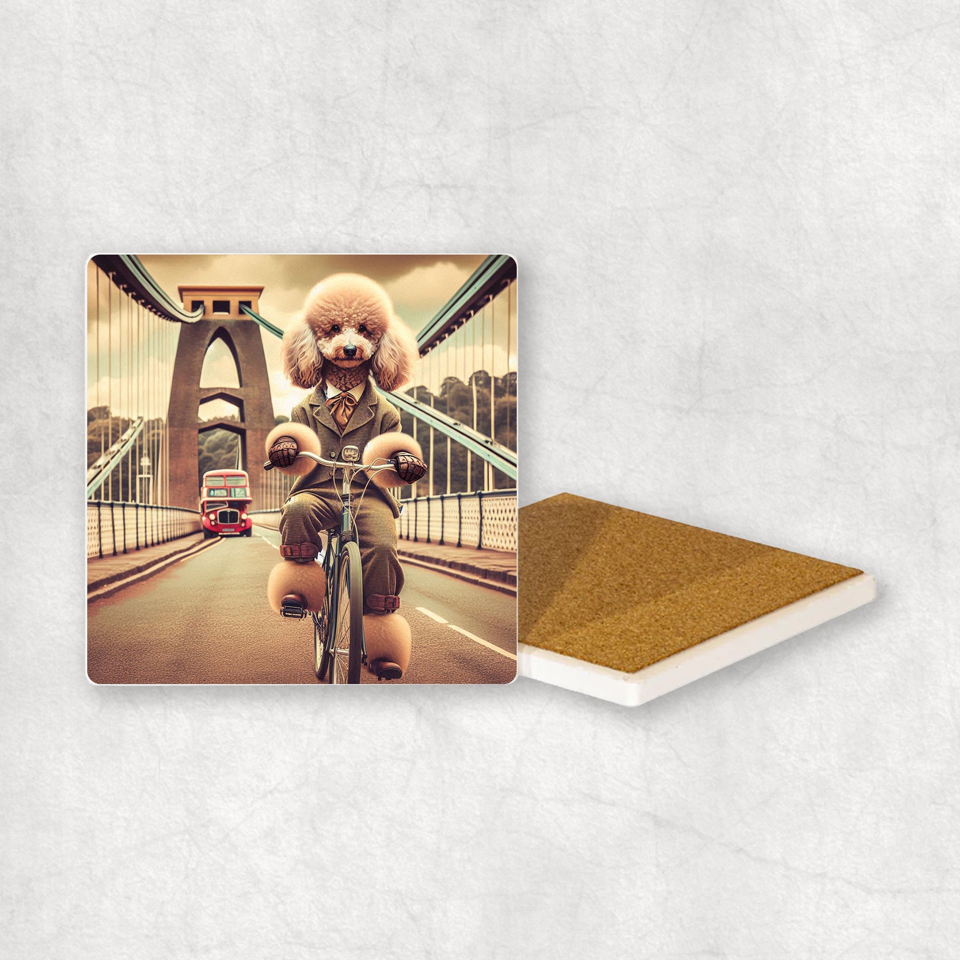 Ceramic coaster with a White Poodle dog design, dressed in a suit, riding a bike on the Clifton Suspension Bridge.