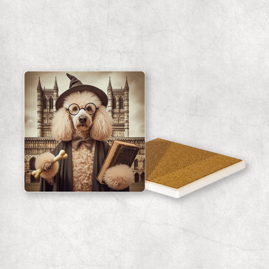 Ceramic Coaster gift with a White Poodle dog design wearing a student's gown, glasses, holding a bone and a book in its paws, with the university in the background.