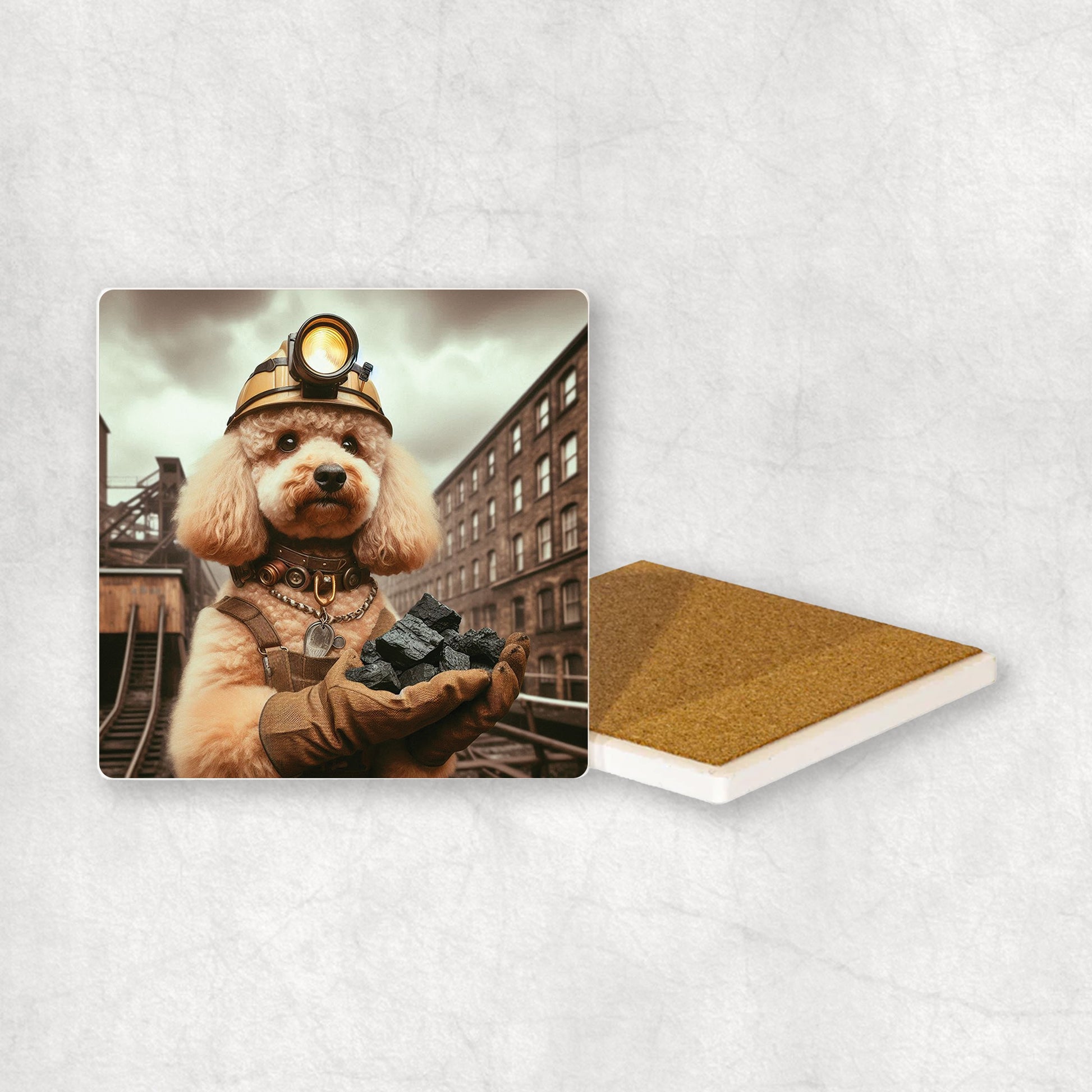 Ceramic Coaster gift with a White Poodle dog design, dressed like a miner with a coal in its paws, with a mine in the background.