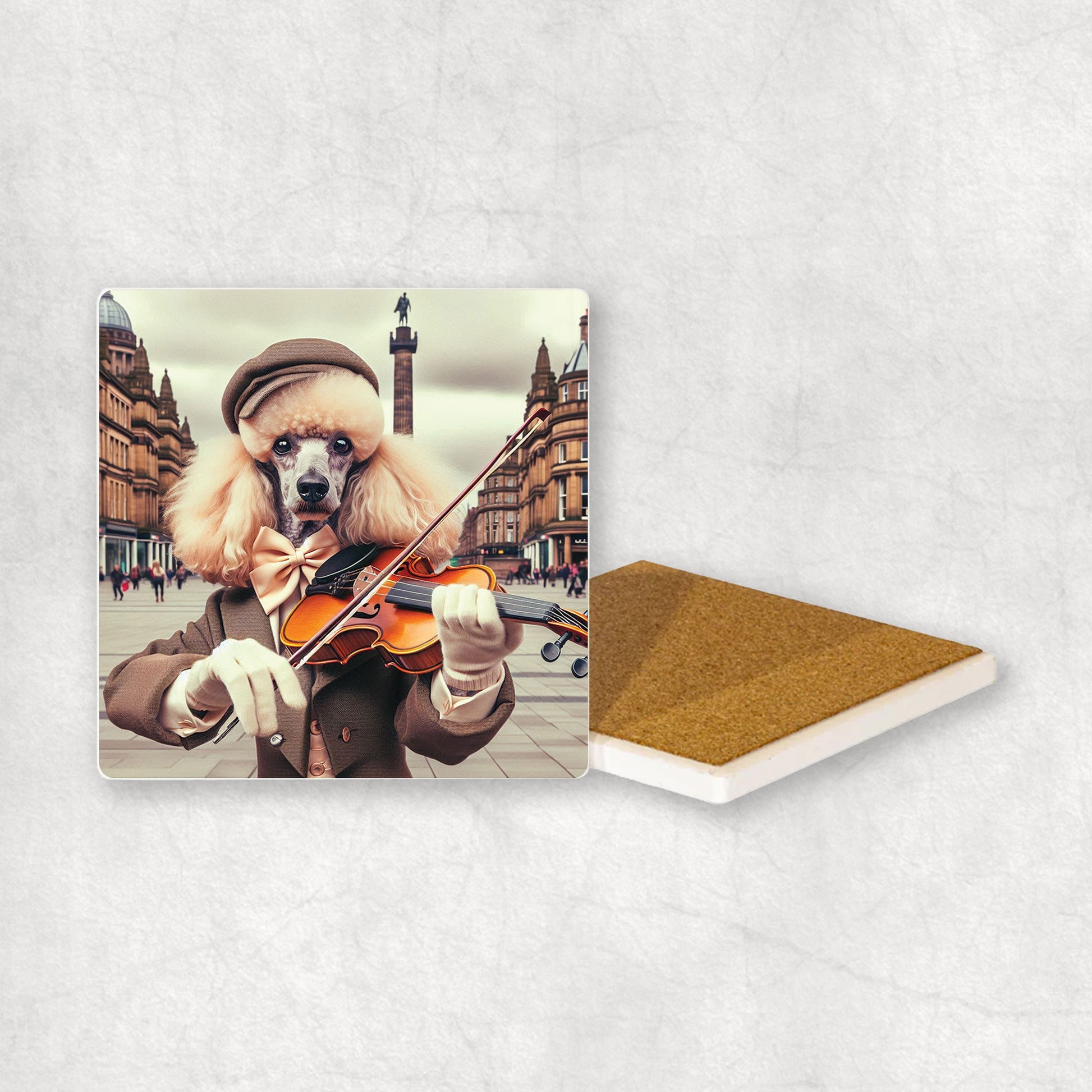 Ceramic Coaster gift with a White Poodle dog design, dressed in an elegant suit, sitting on the stairs and playing the saxophone, with a beautiful city centre in the background.