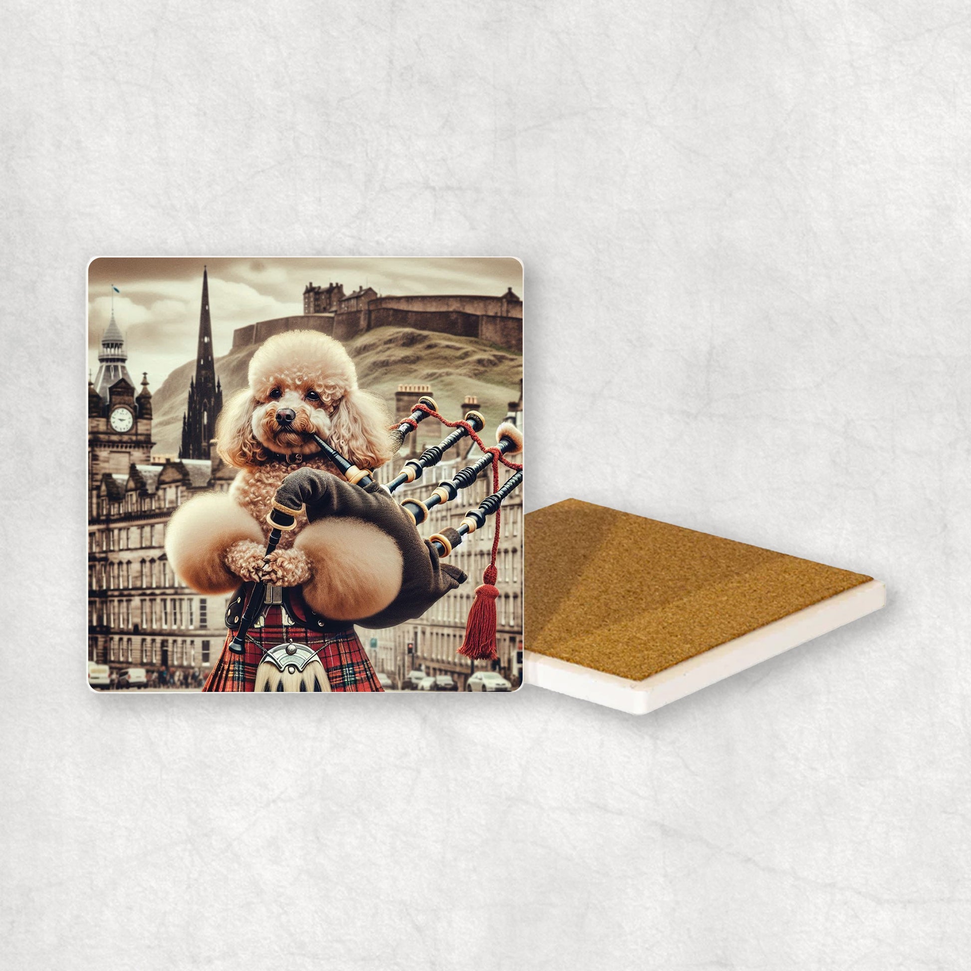 Ceramic Coaster gift with a White Poodle dog design, dressed in traditional Scottish costume, playing the bagpipes, with Edinburgh in the background. 
