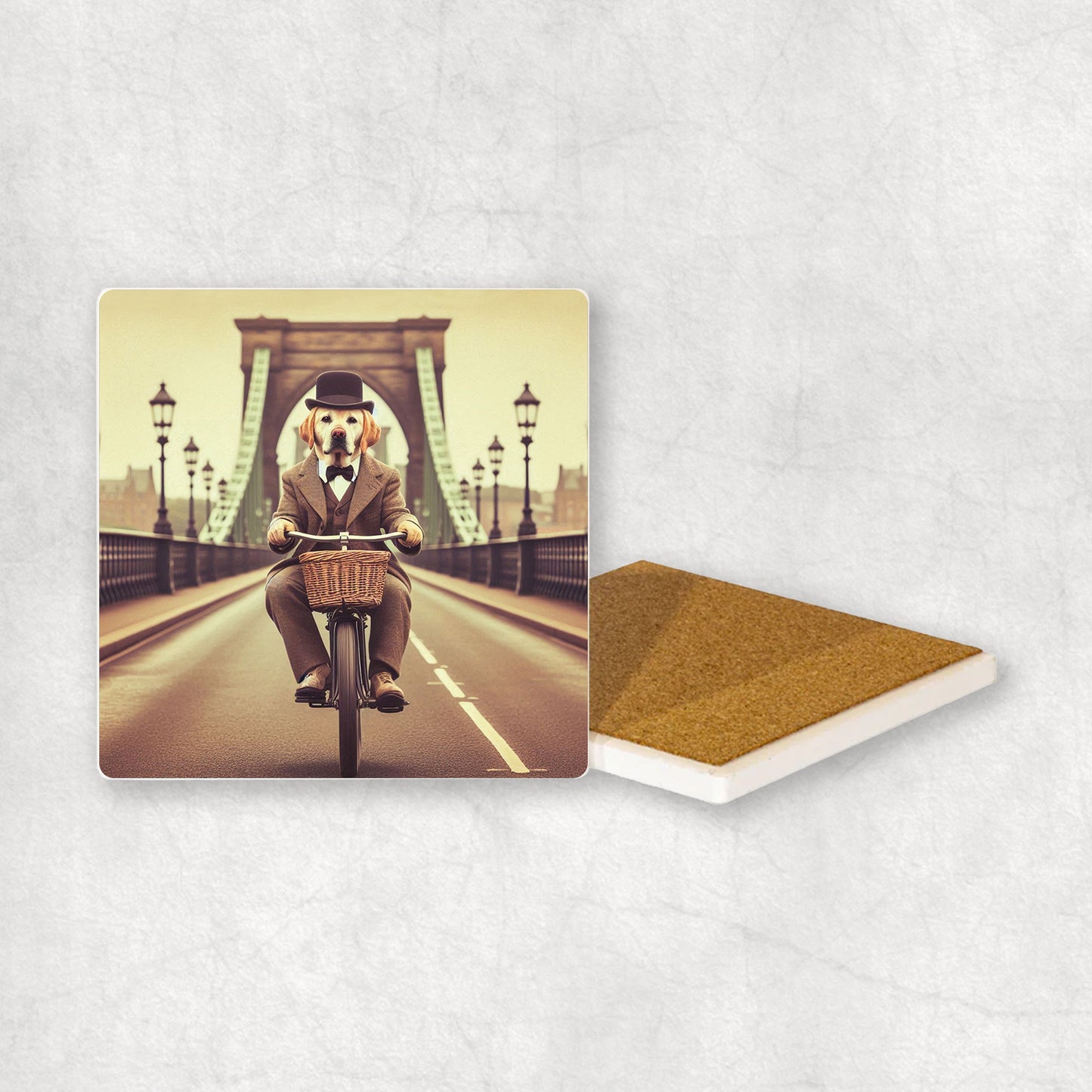 Ceramic coaster gift with a Yellow Labrador dog design, dressed in a suit, riding a bike on the Clifton Suspension Bridge.