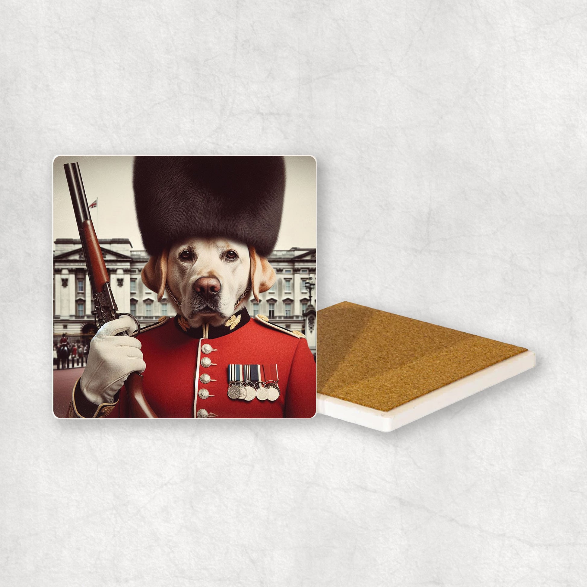 Ceramic Coaster gift with a Yellow Labrador dog design, wearing British guard costume, holding a gun, with Buckingham Palace in the background. 