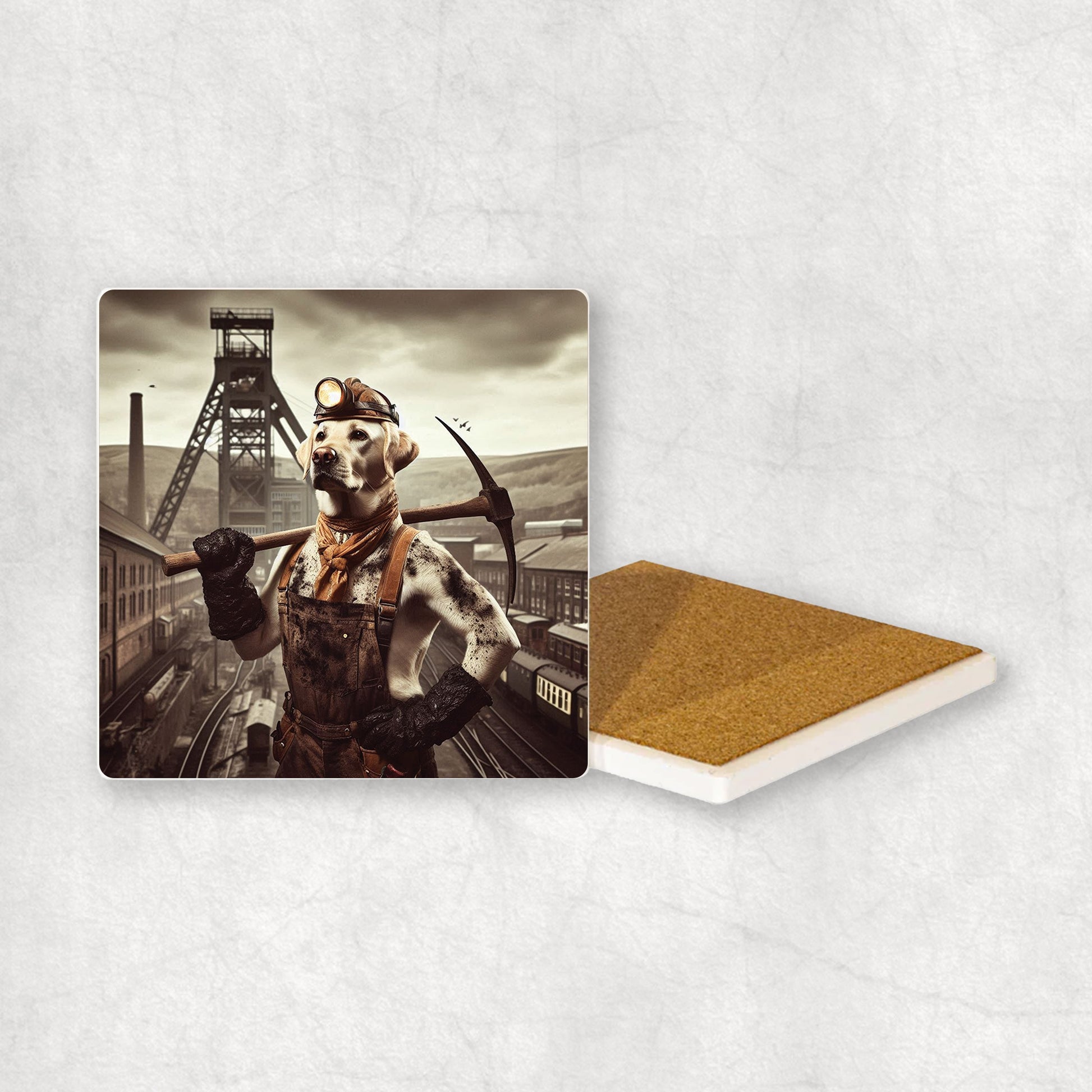 Ceramic Coaster gift with aYellow Labrador dog design, dressed like a miner with a pickaxe in its paw, with a mine in the background.