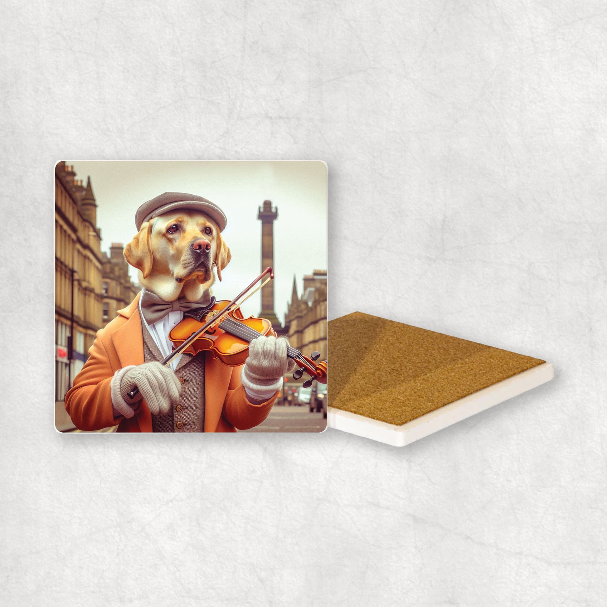 Ceramic coaster gift with a Yellow Labrador dog design, wearing a suit and a hat, playing the violin, with a beautiful city centre in the background.