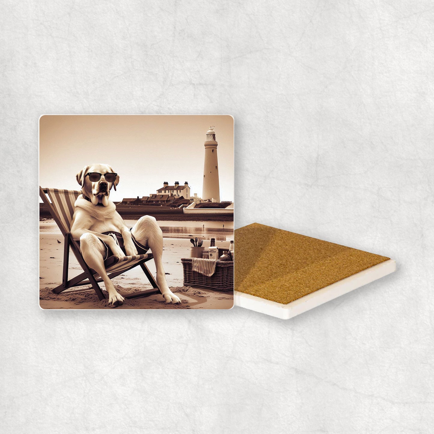 Ceramic Coaster gift with a Yellow Labrador dog design, wearing shorts, relaxes on a beach lounger at Whitley Bay with a lighthouse in the background.